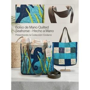 Handmade Quilted Seahorse Tote Bag Blue Teal Patchwork Beach Shoulder Bag
